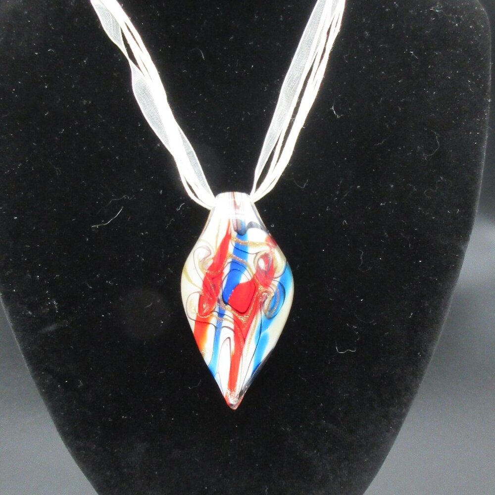 RARE Vintage Murano Glass Pendant Necklace with Red, Blue, & Gold Inlay